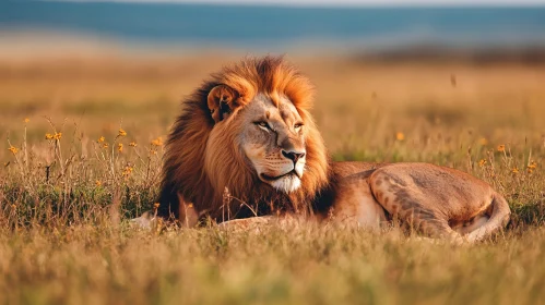 Lion Resting in Grassy Field