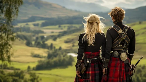 Highland Vista with Couple in Kilts