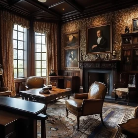 Traditional Library Setting with Leather Chairs and Wood Paneling