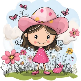 Pink Polka Dot Girl with Butterflies