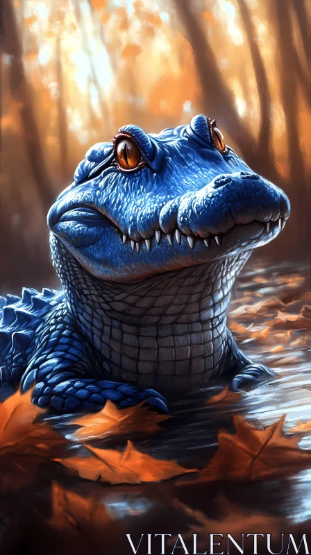 Blue Alligator Among Autumn Leaves AI Image