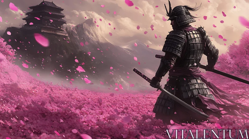 AI ART Warrior Among Falling Cherry Blossoms