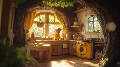 Whimsical Treehouse Kitchen with Cartoon Character