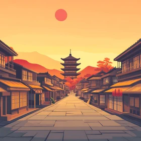 Sunset Over Traditional Japanese Town
