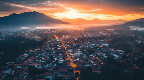 Sunset Over City in Mountain Valley