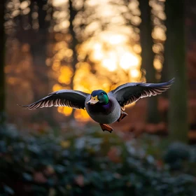 Mallard Duck Flying in the Woods