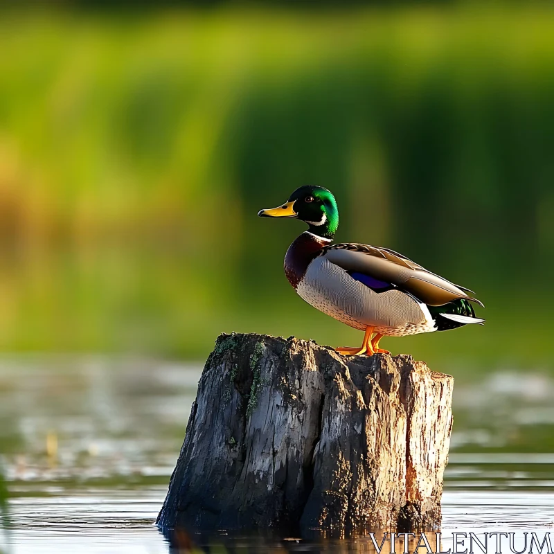 Duck on a Tree Stump AI Image