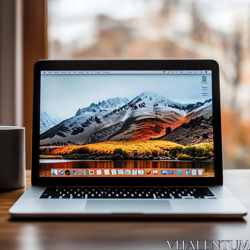 Modern Laptop with Scenic Mountain Background on Display AI Image