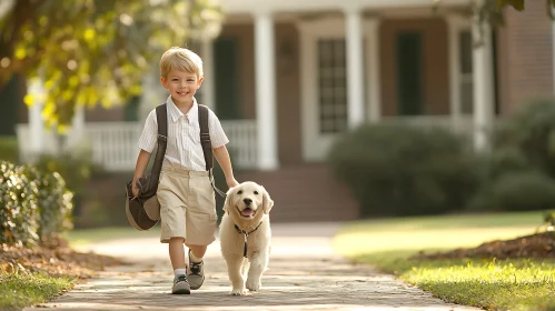 Child's Joyful Walk with Golden Retriever