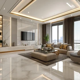 Elegant Living Room with Marble Floors and Urban Panorama