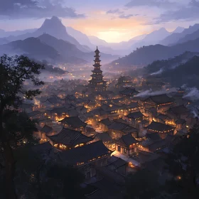 Sunrise Over Mountain Cityscape with Pagoda