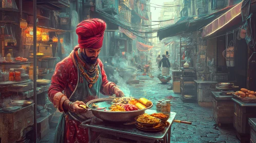 Traditional Chef Cooking on Busy Street AI Image