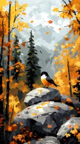 Bird on Rocks in Colorful Autumn