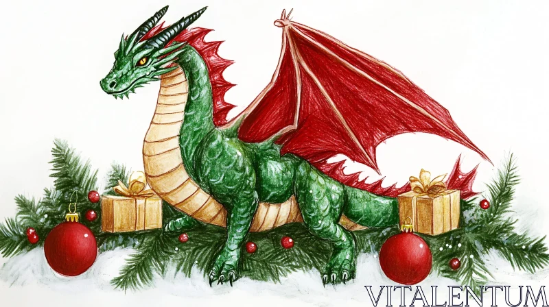 AI ART Holiday Dragon with Gifts and Ornaments