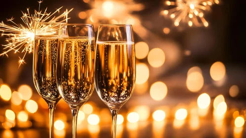 Sparkling Champagne Flutes with Bokeh Lights