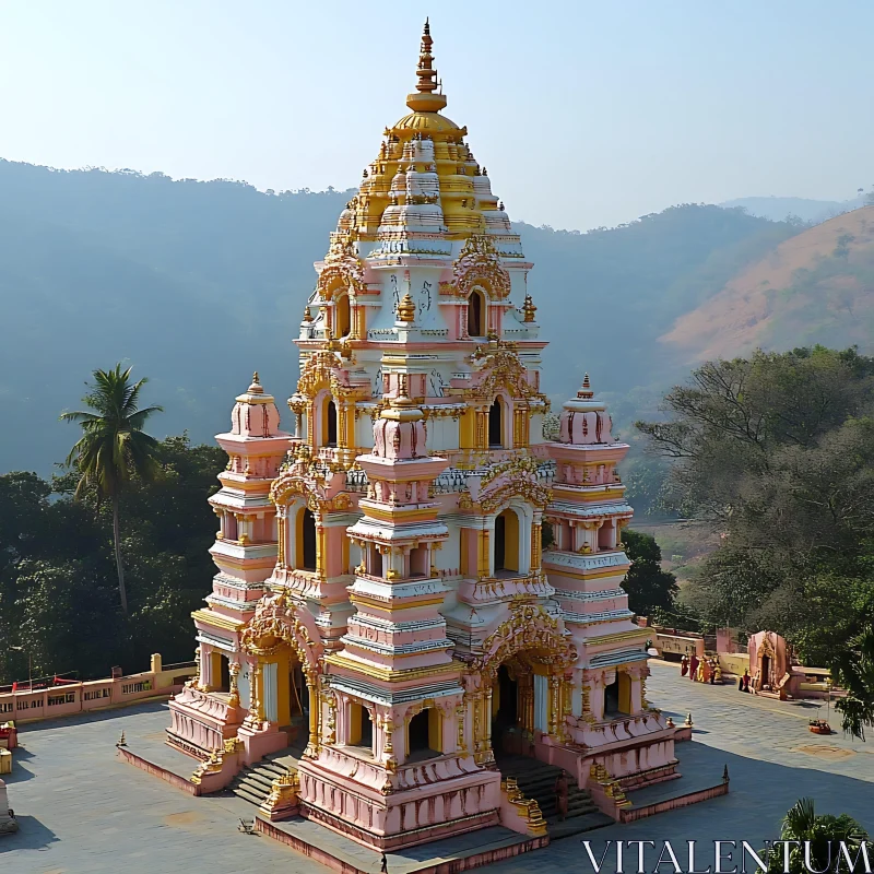 Pink and Gold Temple in Mountainous Landscape AI Image