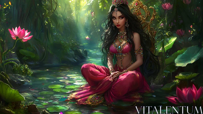 Jeweled Woman in Lotus Pond AI Image