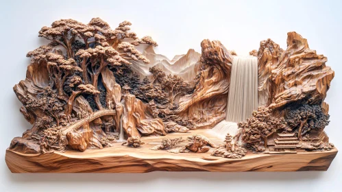 Intricate Wood Carved Mountain Waterfall Scene