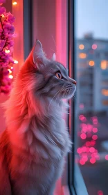 Pink-Hued Window Scene Featuring a Curious Cat