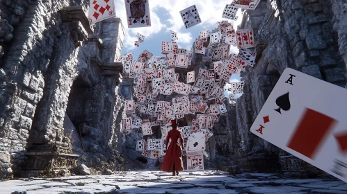 Woman in Red Among Falling Cards