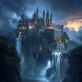 Fantasy Castle and Waterfalls Landscape