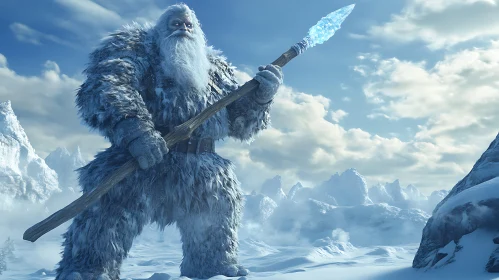 Mythical Yeti with Ice Spear in Winter