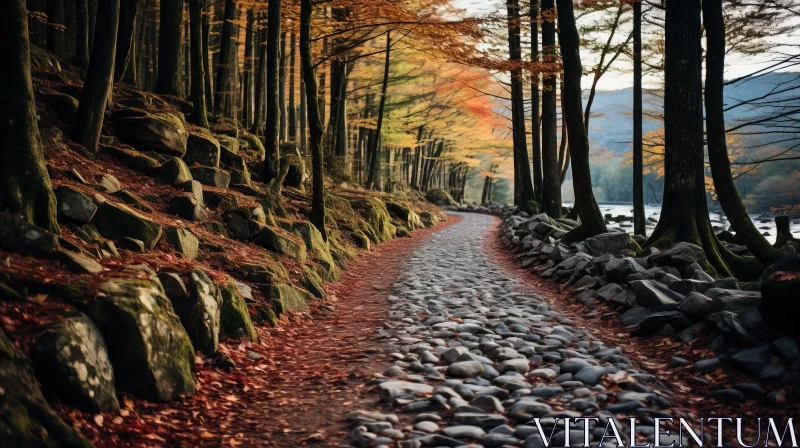 Autumnal Stone Pathway in Forest: A Romantic Riverscape AI Image