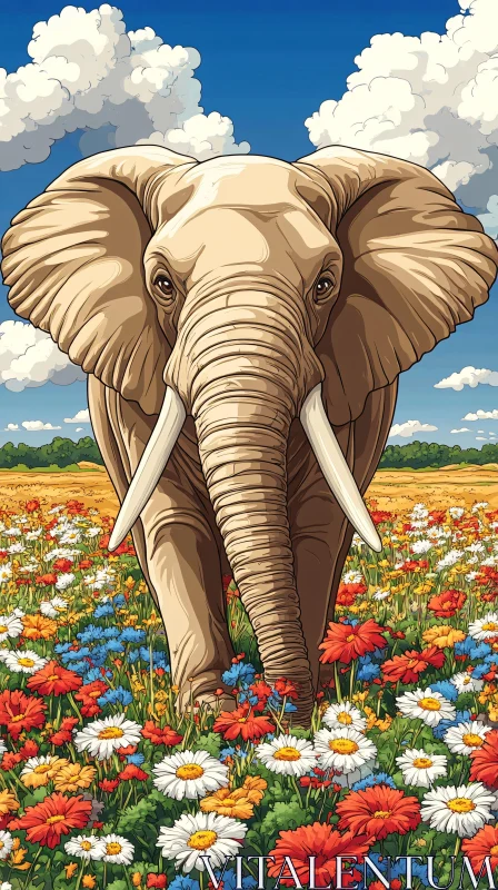 AI ART Majestic Elephant Among Flowers