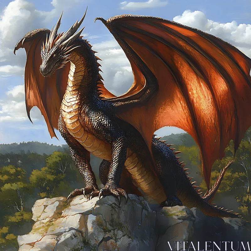 Bronze Scaled Dragon Overlooking Forest AI Image