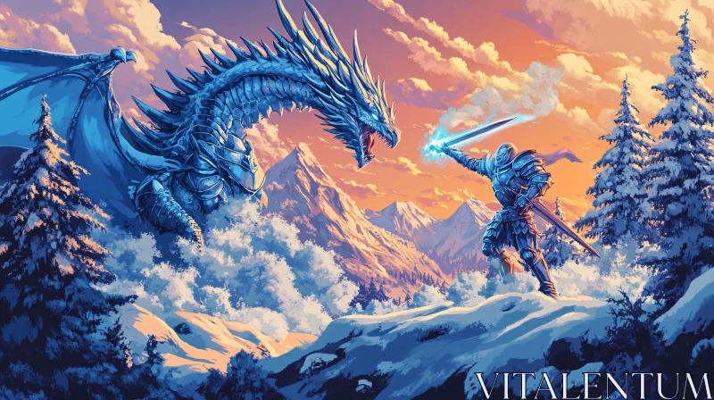 AI ART Winter Battle Scene: Dragon and Knight Confrontation