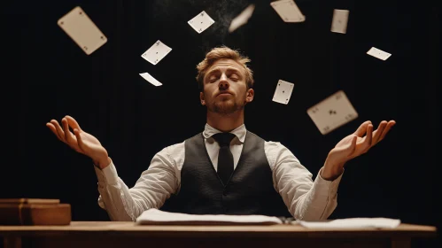 Man in Vest with Floating Cards