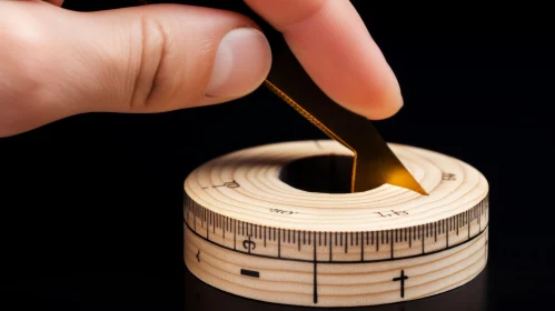 Delicate Craftsmanship: Hand Using Measuring Tool on Wooden Round