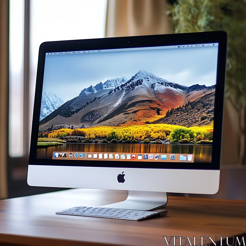 Sleek iMac on Wooden Desk with Scenic Background AI Image