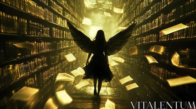 Winged Figure in Ancient Library AI Image