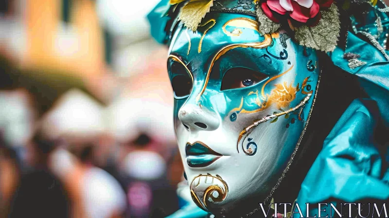 Intriguing Woman with Venetian Mask: Captivating Blue and Gold Design AI Image