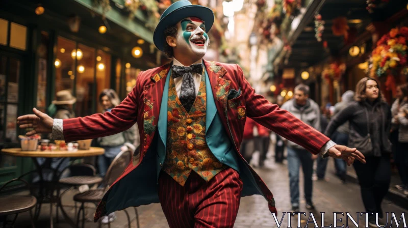 AI ART Joyful Clown in Victorian Attire on City Street