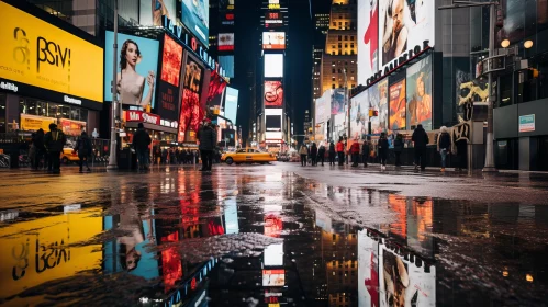 Reflective Puddle in Times Square: An Urban Expressionist Capture