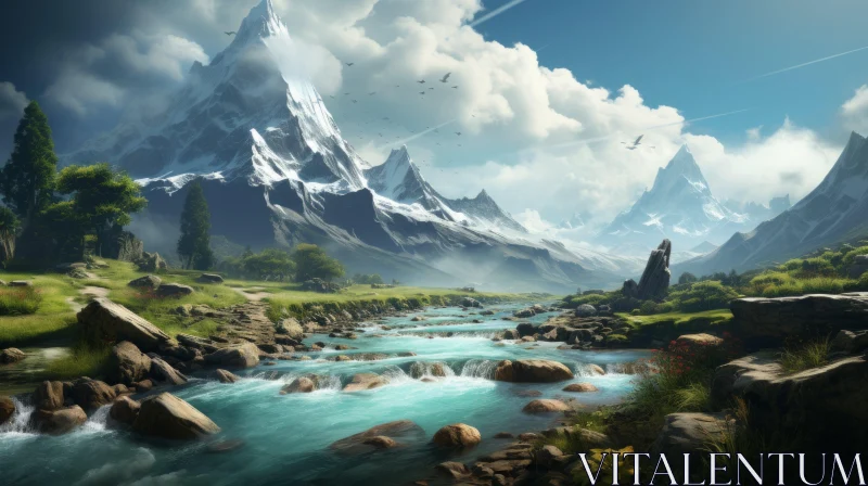 Serenity in Turquoise: Mountain River Landscape AI Image