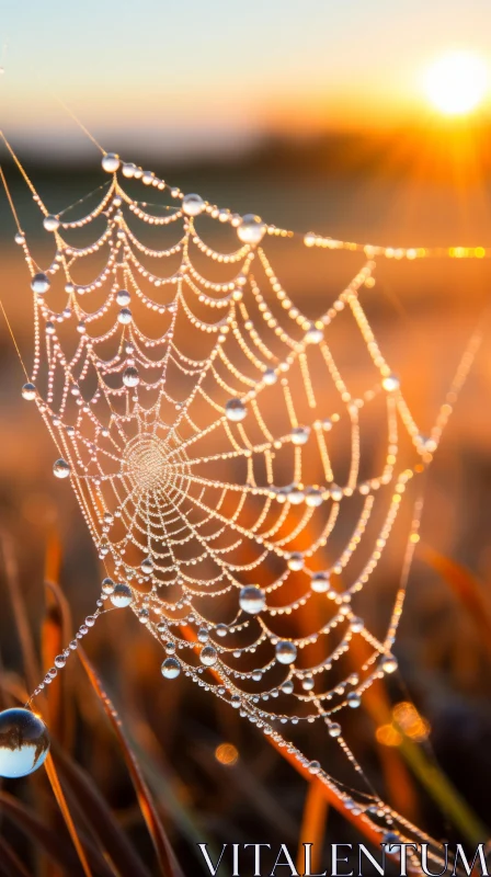 Sunset Spider Web with Dew Drops - Nature's Artwork AI Image