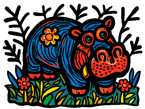 POD Design Whimsical Blue Hippopotamus in Flower Field Illustration