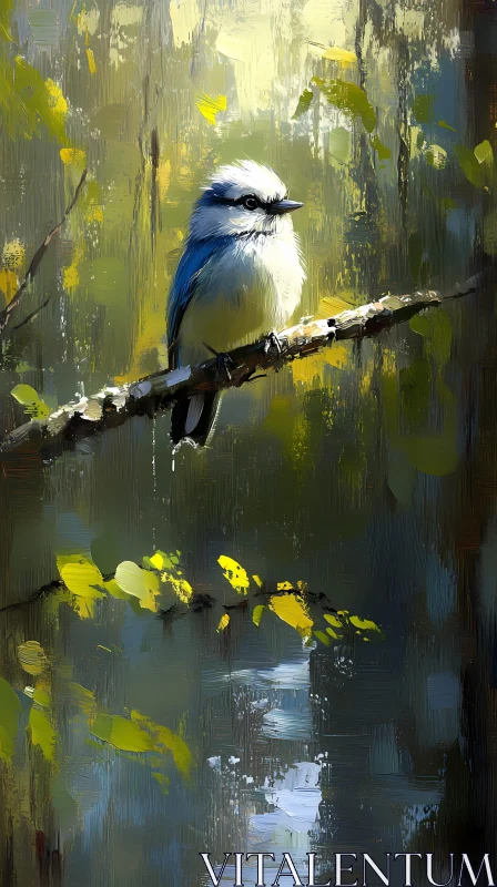 AI ART Blue Bird on Branch Artwork