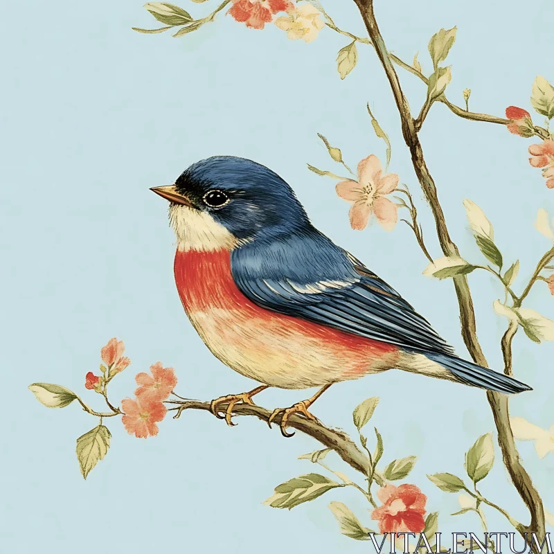 Vintage Bluebird and Floral Illustration AI Image