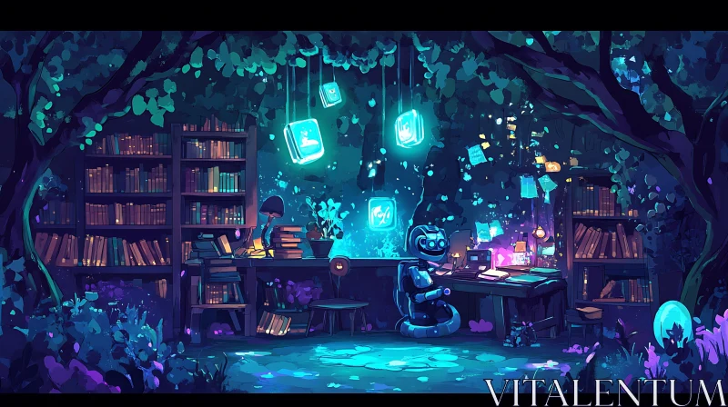 AI ART Neon Lit Library with Robot