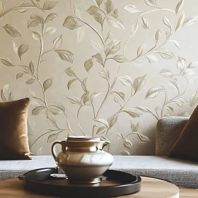 Cozy Living Room with Leaf Motif Wallpaper and Stylish Teapot