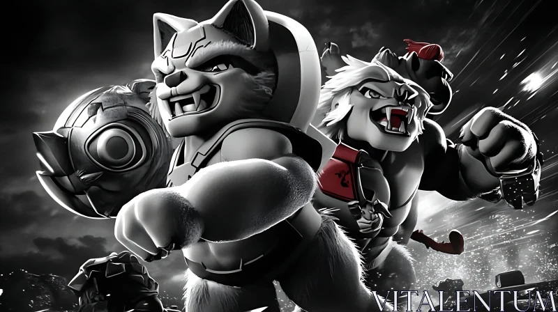 AI ART Monochrome Cartoon Animal Fighters