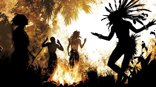 Silhouette Figures Dancing Near Fire