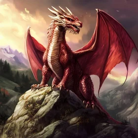 Crimson Dragon Overlooking Mountainous Terrain