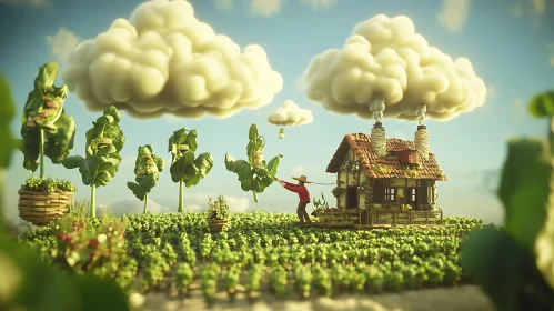 Whimsical Farmer's Field with Quaint Cottage