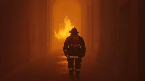 Heroic Firefighter Facing a Corridor Blaze