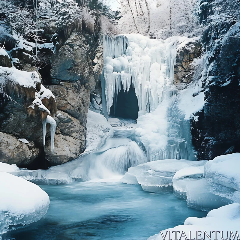 Frozen Waterfall in Snow-Covered Scenery AI Image